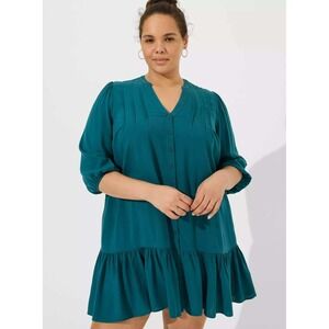 Torrid Teal Blue Mini Rayon Slub 3/4 Sleeve Trapeze Pleat Dress Plus Size 3X